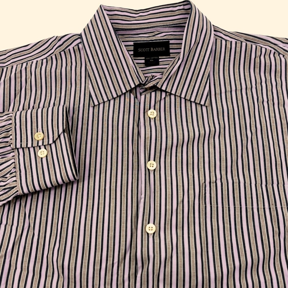Scott Barber Mens XL Cotton Striped Button Down Shirt Purple Brown Long Sleeve